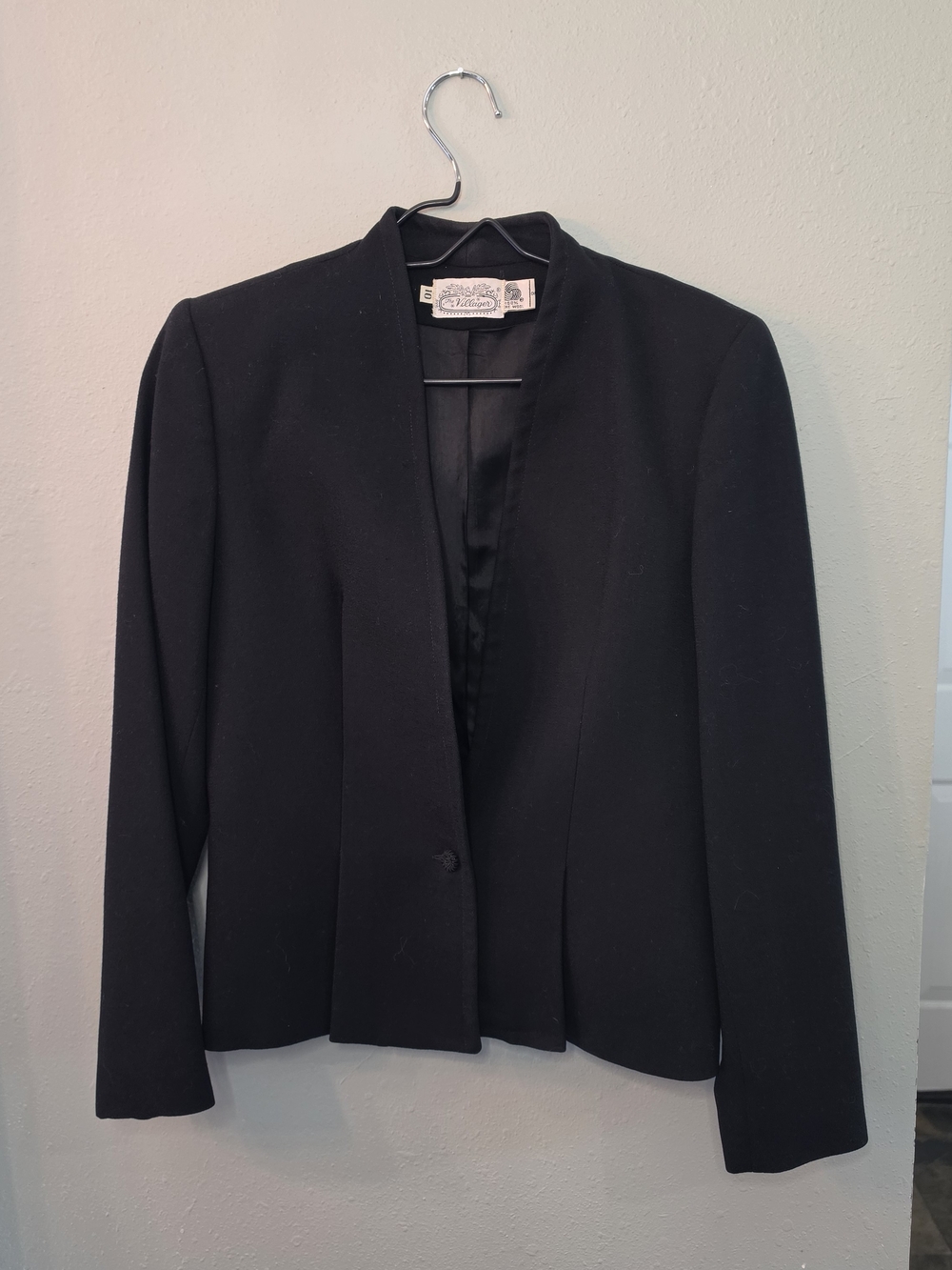 Vintage The Villager 100% Pure Wool Black Open Front Career Blazer Size 10
